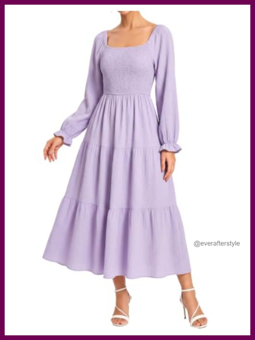 Women's Long Sleeve Square Neck Smocked A-Line Midi Dress